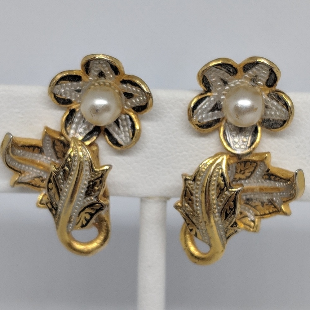 Vintage Damascene and Pearl Flower Clip Ons